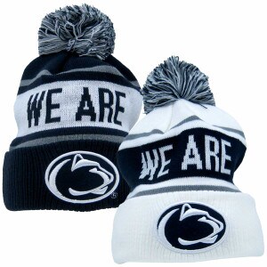 navy white knit cuffed beanies with poms We Are on fronts
